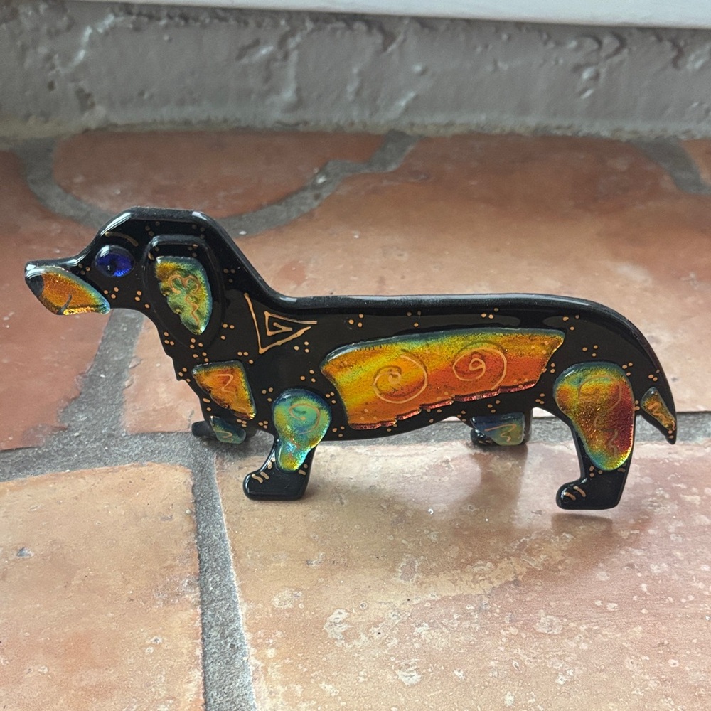 Handcrafted Black Dachshund Figurine with Iridescent Orange Accents